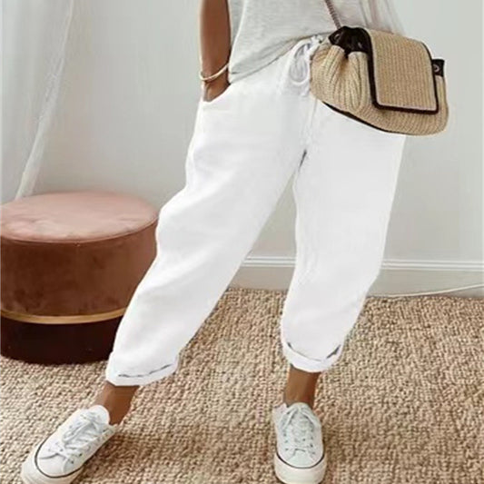 Pantalon décontracté pour femme en coton et lin, couleur unie.