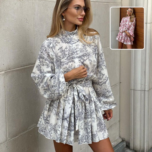Robe courte à manches longues avec imprimé encre